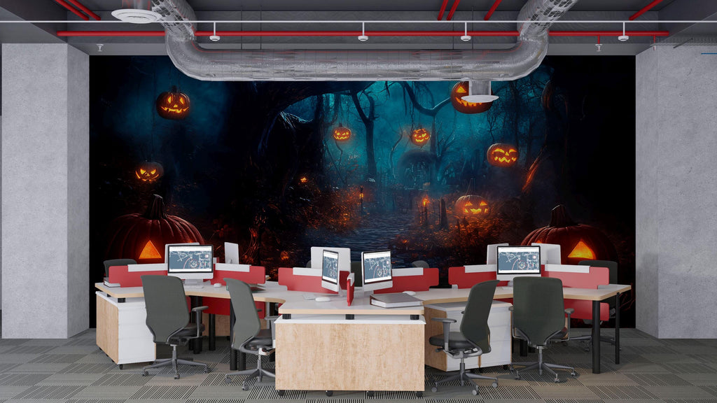 Halloween Pumpkin Forest 3D Wallpaper – Spooky Jack-o’-Lantern Path Wall Mural – Stylish Halloween Wall Decor for Retail Spaces or Holiday