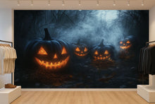 Load image into Gallery viewer, Halloween Jack-O’-Lantern Wallpaper – Black Pumpkin 3D Wall Mural for Office, Home, or Store – Spooky Fall Decor &amp; Stylish Halloween