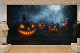 Halloween Jack-O’-Lantern Wallpaper – Black Pumpkin 3D Wall Mural for Office, Home, or Store – Spooky Fall Decor & Stylish Halloween