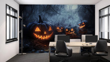Load image into Gallery viewer, Halloween Jack-O’-Lantern Wallpaper – Black Pumpkin 3D Wall Mural for Office, Home, or Store – Spooky Fall Decor &amp; Stylish Halloween