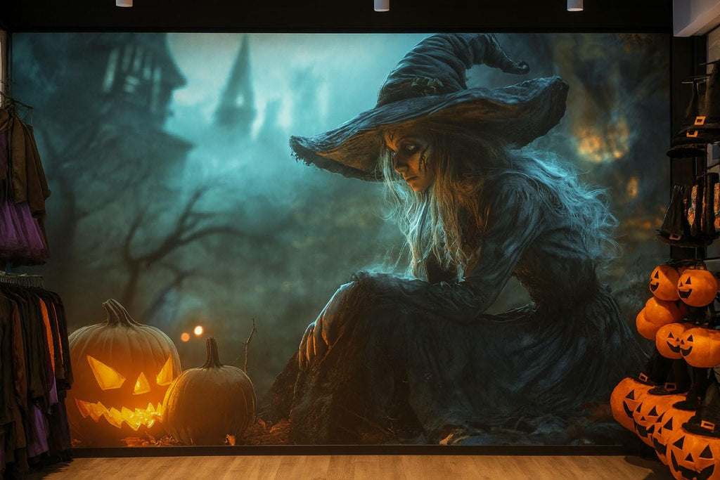 Halloween Witch 3D Wallpaper – Enchanted Forest Wall Mural with Pumpkins and Spooky Castle – Stylish Haunted Wall Art for Home, Office