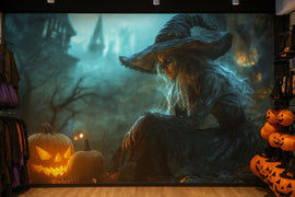 Halloween Witch 3D Wallpaper – Enchanted Forest Wall Mural with Pumpkins and Spooky Castle – Stylish Haunted Wall Art for Home, Office