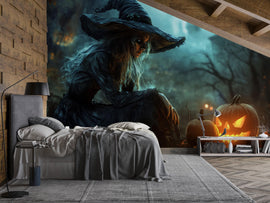 Halloween Witch 3D Wallpaper – Enchanted Forest Wall Mural with Pumpkins and Spooky Castle – Stylish Haunted Wall Art for Home, Office