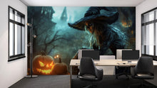 Load image into Gallery viewer, Halloween Witch 3D Wallpaper – Enchanted Forest Wall Mural with Pumpkins and Spooky Castle – Stylish Haunted Wall Art for Home, Office