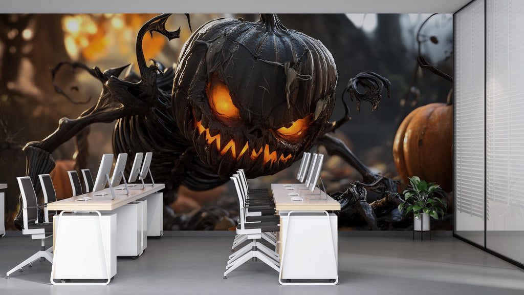 Creepy Pumpkin Monster 3D Wallpaper – Halloween Wall Mural With Glowing Jack-O'-Lantern Creature – Scary Wall Art for Haunted House