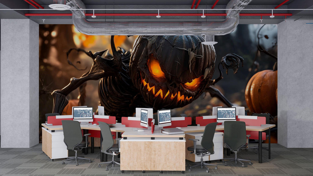 Creepy Pumpkin Monster 3D Wallpaper – Halloween Wall Mural With Glowing Jack-O'-Lantern Creature – Scary Wall Art for Haunted House