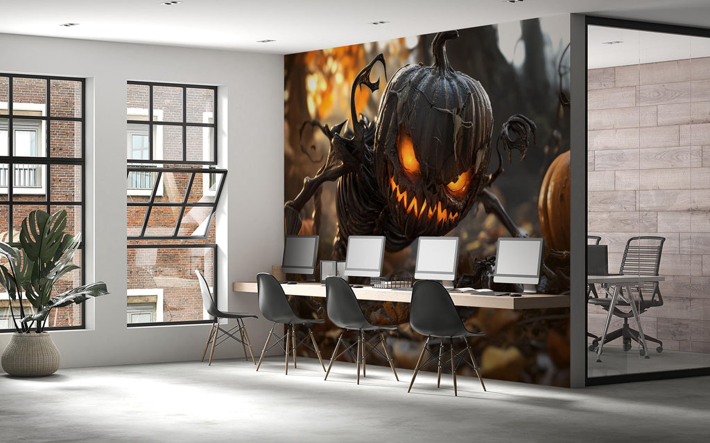 Creepy Pumpkin Monster 3D Wallpaper – Halloween Wall Mural With Glowing Jack-O'-Lantern Creature – Scary Wall Art for Haunted House
