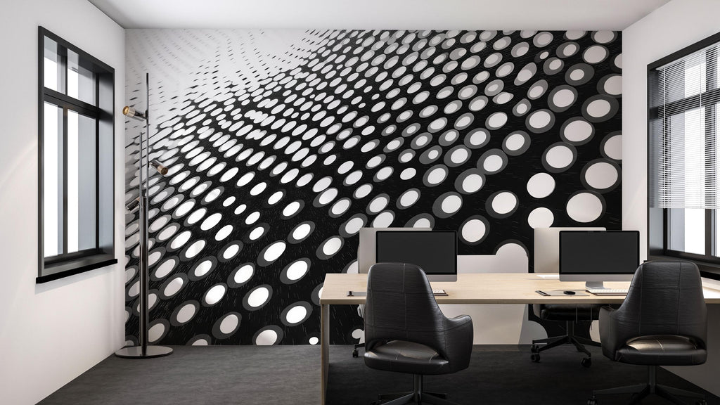 3D Optical Illusion Circle Grid Wallpaper – Modern Black & White Wall Mural – Bold Geometric Statement Wall Art for Office, Living Room