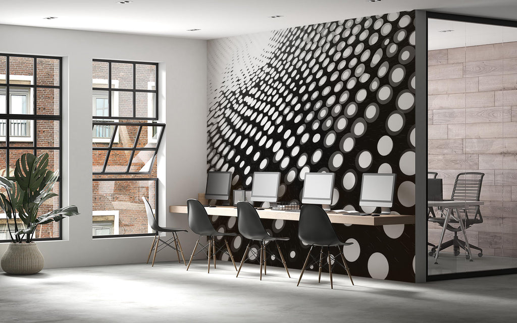 3D Optical Illusion Circle Grid Wallpaper – Modern Black & White Wall Mural – Bold Geometric Statement Wall Art for Office, Living Room