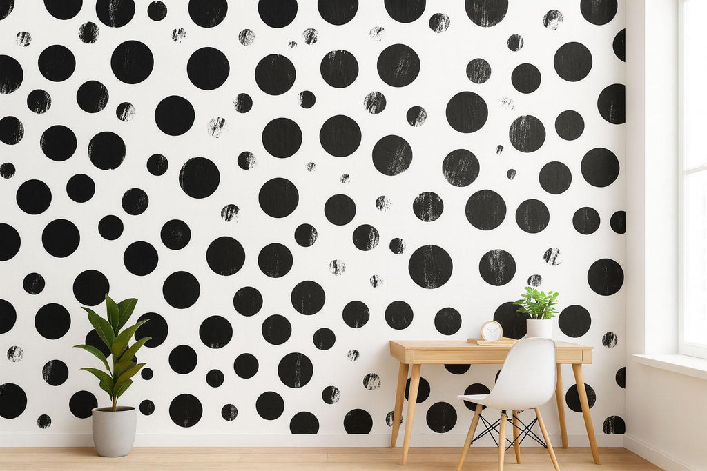 Black & White Distressed Polka Dot 3D Wallpaper – Modern Minimalist Wall Mural – Bold Statement Wall Art for Bedroom, Office, or Living Room