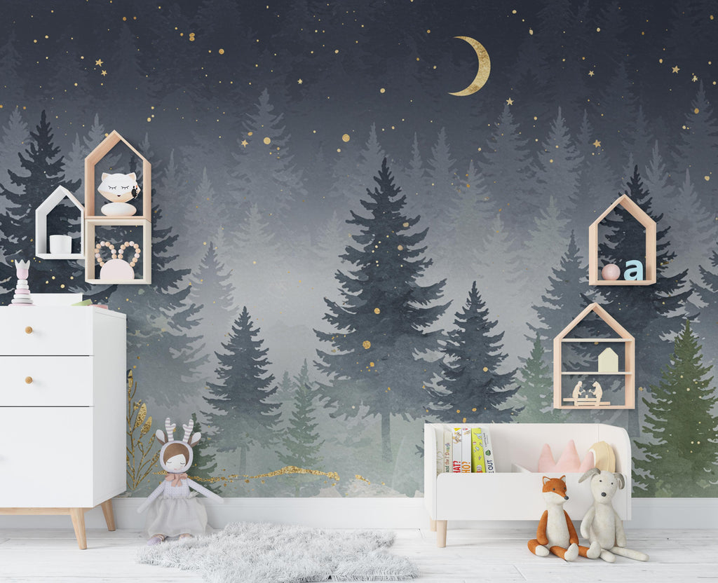 Dreamy Night Forest Nursery Wallpaper – Watercolor Evergreen Mural with Moon & Stars – Calm Snowy Woodland Wall Art for Baby Room 819RS