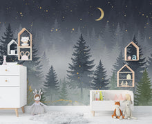 Load image into Gallery viewer, Dreamy Night Forest Nursery Wallpaper – Watercolor Evergreen Mural with Moon &amp; Stars – Calm Snowy Woodland Wall Art for Baby Room 819RS