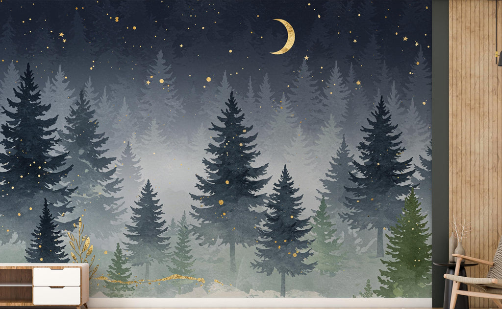 Dreamy Night Forest Nursery Wallpaper – Watercolor Evergreen Mural with Moon & Stars – Calm Snowy Woodland Wall Art for Baby Room 819RS