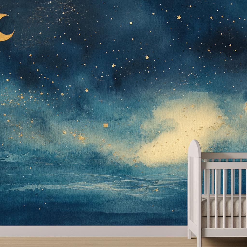 Starry Night Sky Wallpaper For Nursery – Moon And Stars Wall Mural, Gender Neutral Baby Room Decor, Cosmic Night Sky Wall Art, Dreamy Kids