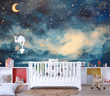 Load image into Gallery viewer, Starry Night Sky Wallpaper For Nursery – Moon And Stars Wall Mural, Gender Neutral Baby Room Decor, Cosmic Night Sky Wall Art, Dreamy Kids