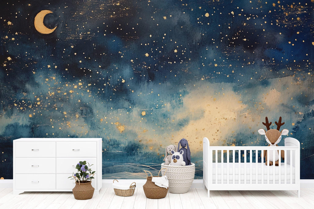 Starry Night Sky Wallpaper For Nursery – Moon And Stars Wall Mural, Gender Neutral Baby Room Decor, Cosmic Night Sky Wall Art, Dreamy Kids