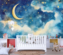 Load image into Gallery viewer, Moon And Stars Nursery Wallpaper – Celestial Sky Wall Mural With Golden Moon And Clouds, Gender Neutral Baby Room Wall Decor