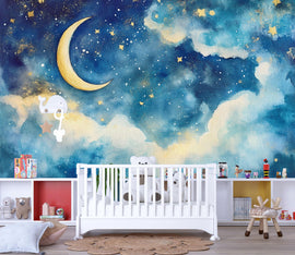 Moon And Stars Nursery Wallpaper – Celestial Sky Wall Mural With Golden Moon And Clouds, Gender Neutral Baby Room Wall Decor