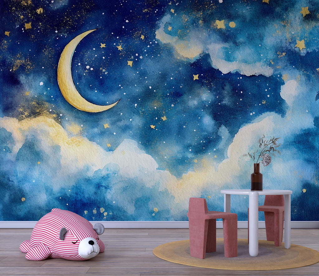 Moon And Stars Nursery Wallpaper – Celestial Sky Wall Mural With Golden Moon And Clouds, Gender Neutral Baby Room Wall Decor