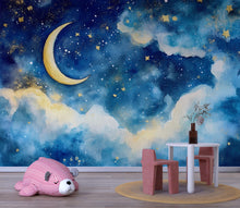 Load image into Gallery viewer, Moon And Stars Nursery Wallpaper – Celestial Sky Wall Mural With Golden Moon And Clouds, Gender Neutral Baby Room Wall Decor