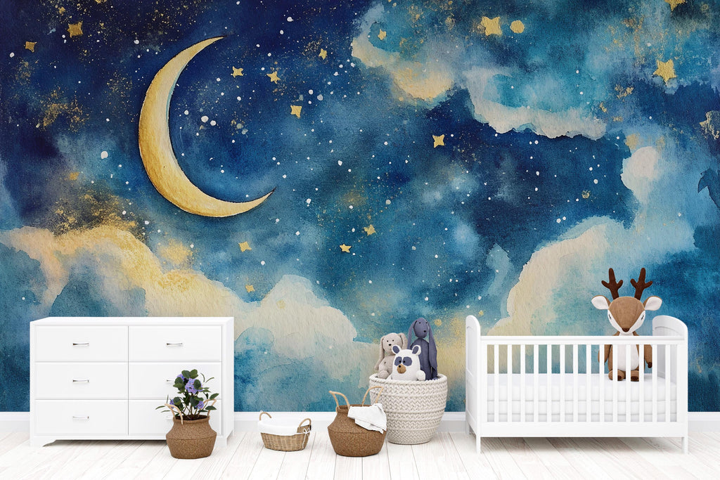 Moon And Stars Nursery Wallpaper – Celestial Sky Wall Mural With Golden Moon And Clouds, Gender Neutral Baby Room Wall Decor