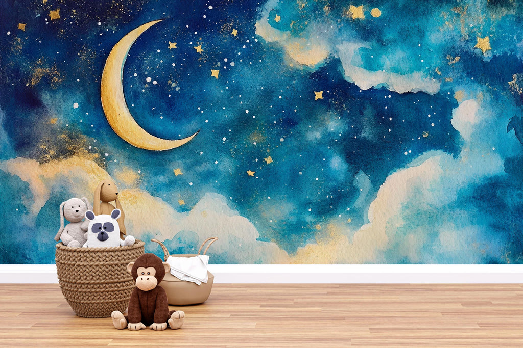 Moon And Stars Nursery Wallpaper – Celestial Sky Wall Mural With Golden Moon And Clouds, Gender Neutral Baby Room Wall Decor