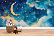 Load image into Gallery viewer, Moon And Stars Nursery Wallpaper – Celestial Sky Wall Mural With Golden Moon And Clouds, Gender Neutral Baby Room Wall Decor