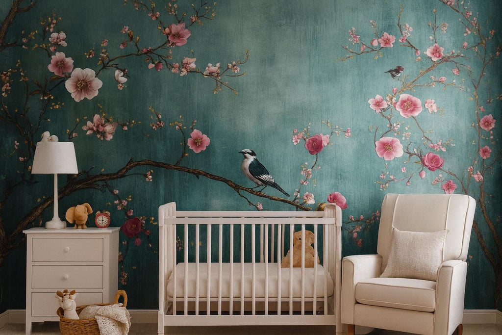 Floral Bird Branch Wallpaper, 3D Nature Wall Mural for Nursery or Living Room, Elegant Cherry Blossom Tree Wall Decor, Stylish Modern