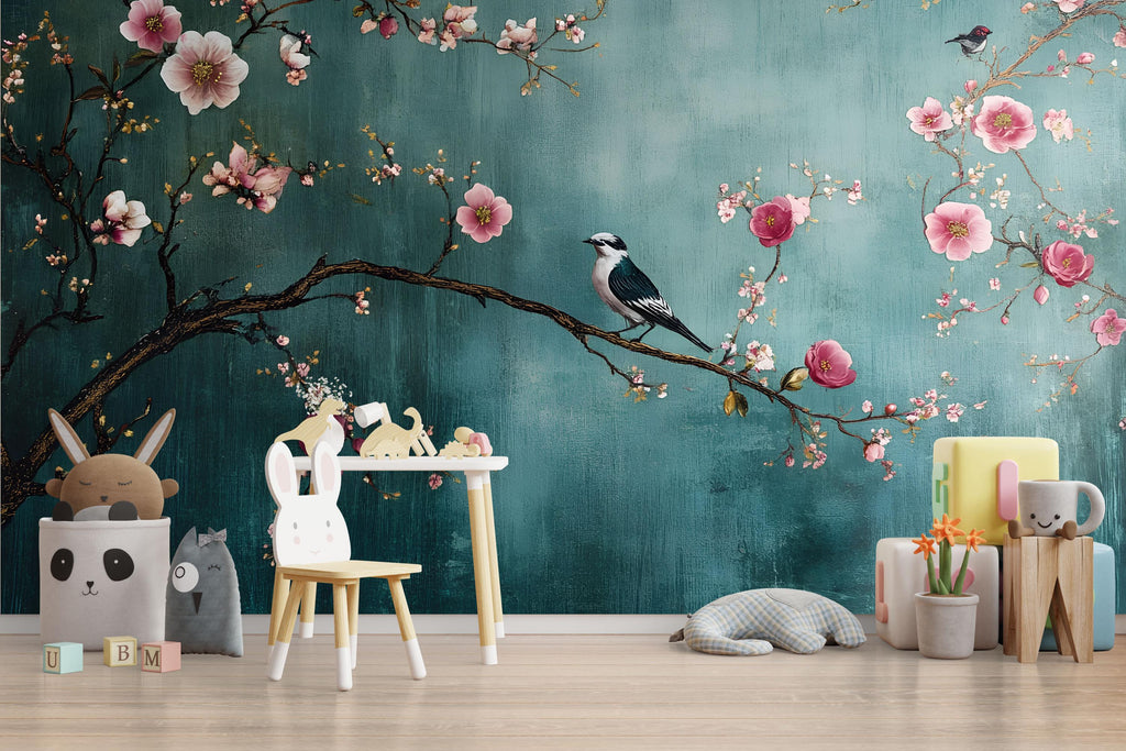 Floral Bird Branch Wallpaper, 3D Nature Wall Mural for Nursery or Living Room, Elegant Cherry Blossom Tree Wall Decor, Stylish Modern