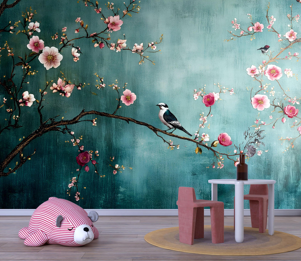 Floral Bird Branch Wallpaper, 3D Nature Wall Mural for Nursery or Living Room, Elegant Cherry Blossom Tree Wall Decor, Stylish Modern
