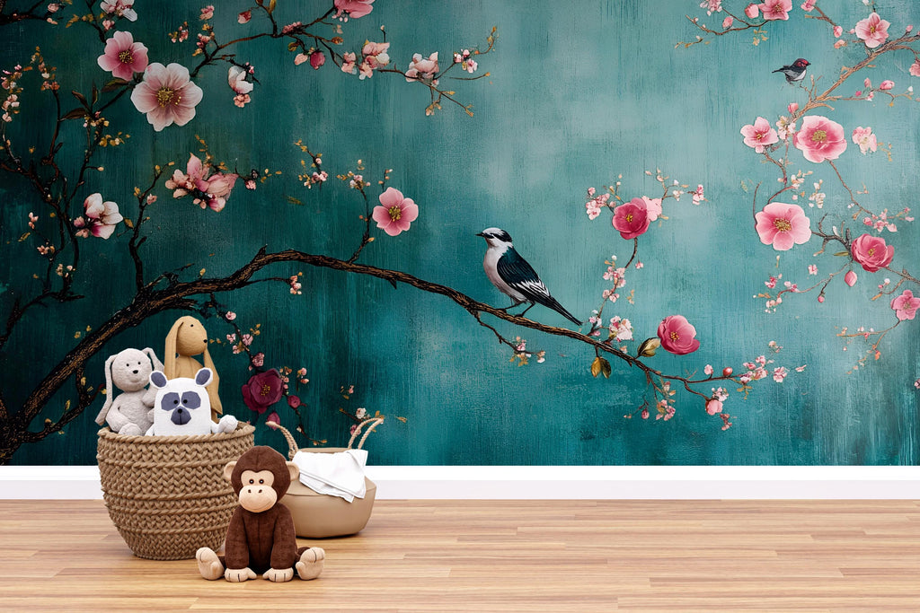 Floral Bird Branch Wallpaper, 3D Nature Wall Mural for Nursery or Living Room, Elegant Cherry Blossom Tree Wall Decor, Stylish Modern