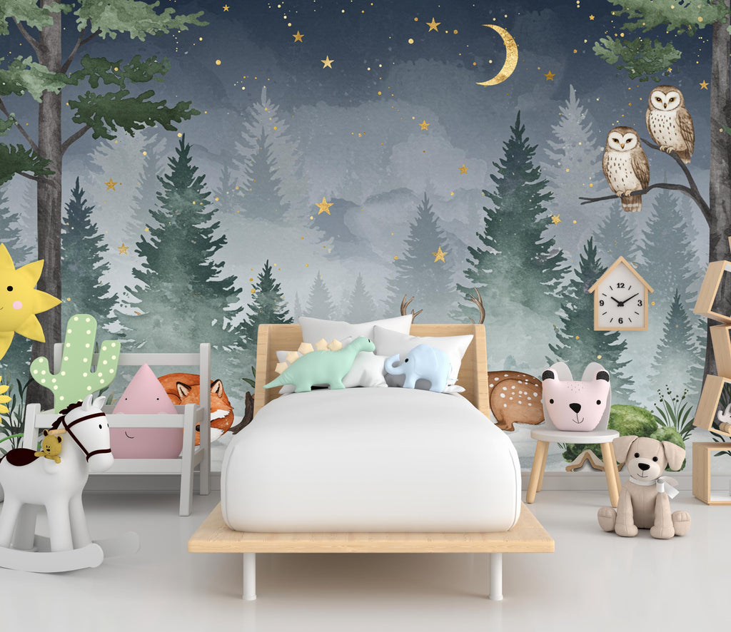 Dreamy Nighttime Forest Animal Nursery Wallpaper – Watercolor Woodland Mural with Moon & Stars – Calm Baby Room Wall Art in Blue 818RS