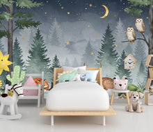 Load image into Gallery viewer, Dreamy Nighttime Forest Animal Nursery Wallpaper – Watercolor Woodland Mural with Moon &amp; Stars – Calm Baby Room Wall Art in Blue 818RS