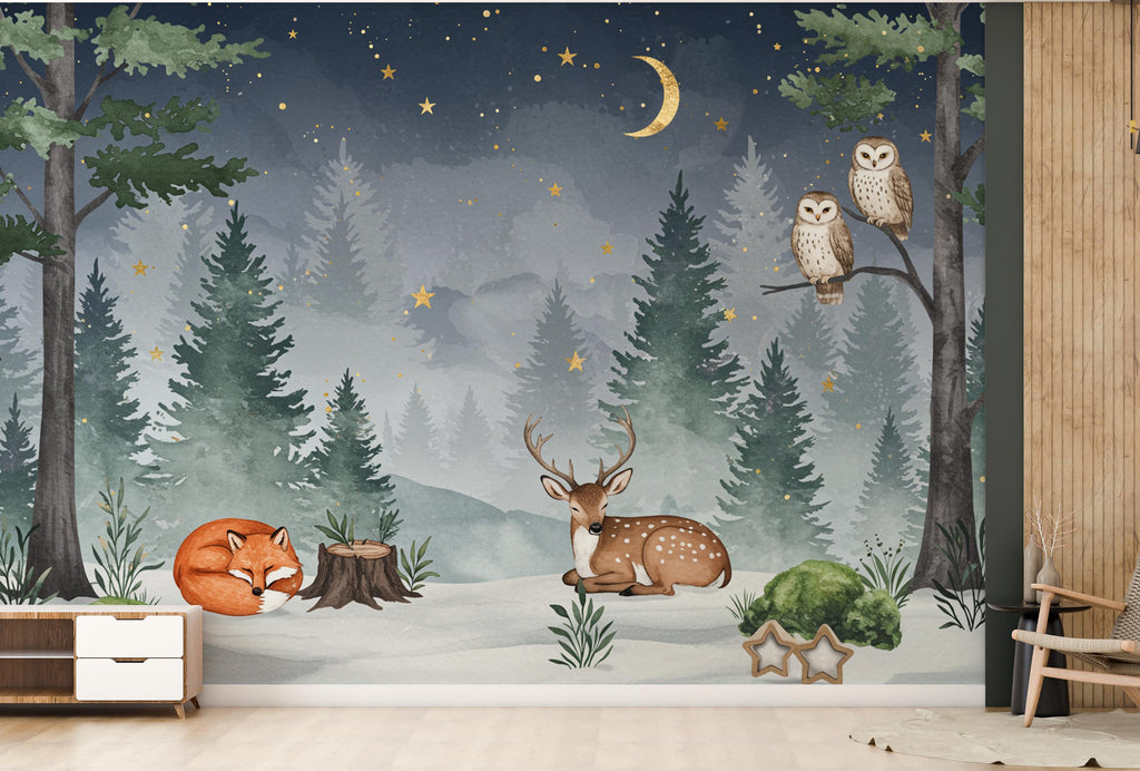 Dreamy Nighttime Forest Animal Nursery Wallpaper – Watercolor Woodland Mural with Moon & Stars – Calm Baby Room Wall Art in Blue 818RS