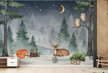 Load image into Gallery viewer, Dreamy Nighttime Forest Animal Nursery Wallpaper – Watercolor Woodland Mural with Moon &amp; Stars – Calm Baby Room Wall Art in Blue 818RS