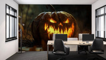 Load image into Gallery viewer, Evil Pumpkin 3D Wallpaper – Fierce Jack-O’-Lantern Wall Mural for Halloween Stores, Haunted Houses or Spooky Home Decor – Bold Halloween