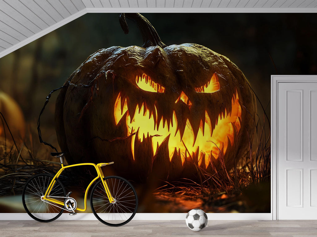 Evil Pumpkin 3D Wallpaper – Fierce Jack-O’-Lantern Wall Mural for Halloween Stores, Haunted Houses or Spooky Home Decor – Bold Halloween