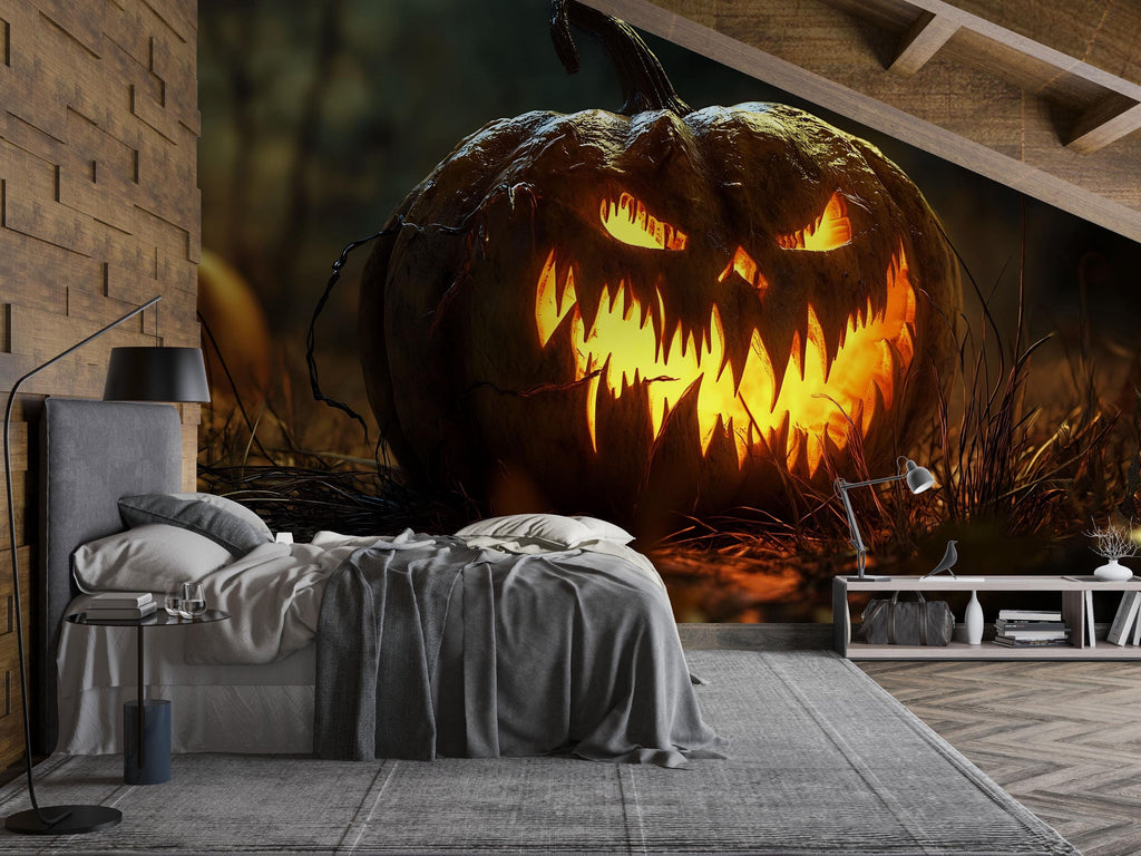 Evil Pumpkin 3D Wallpaper – Fierce Jack-O’-Lantern Wall Mural for Halloween Stores, Haunted Houses or Spooky Home Decor – Bold Halloween