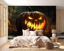Load image into Gallery viewer, Evil Pumpkin 3D Wallpaper – Fierce Jack-O’-Lantern Wall Mural for Halloween Stores, Haunted Houses or Spooky Home Decor – Bold Halloween