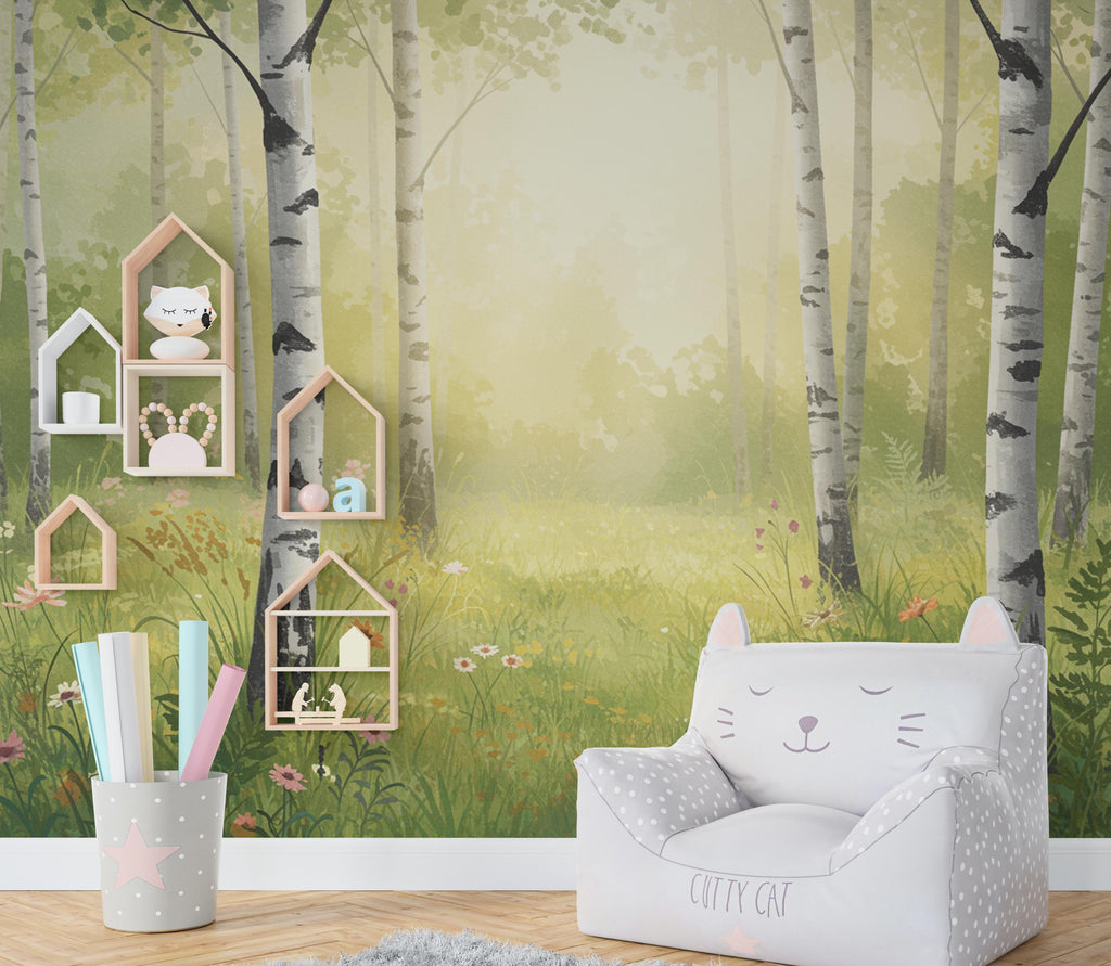 Serene Birch Grove Wallpaper Mural – Watercolor Forest Wall Art with Sunlight, Ferns & Wildflowers – Tranquil Nature Wall Decor 820RS