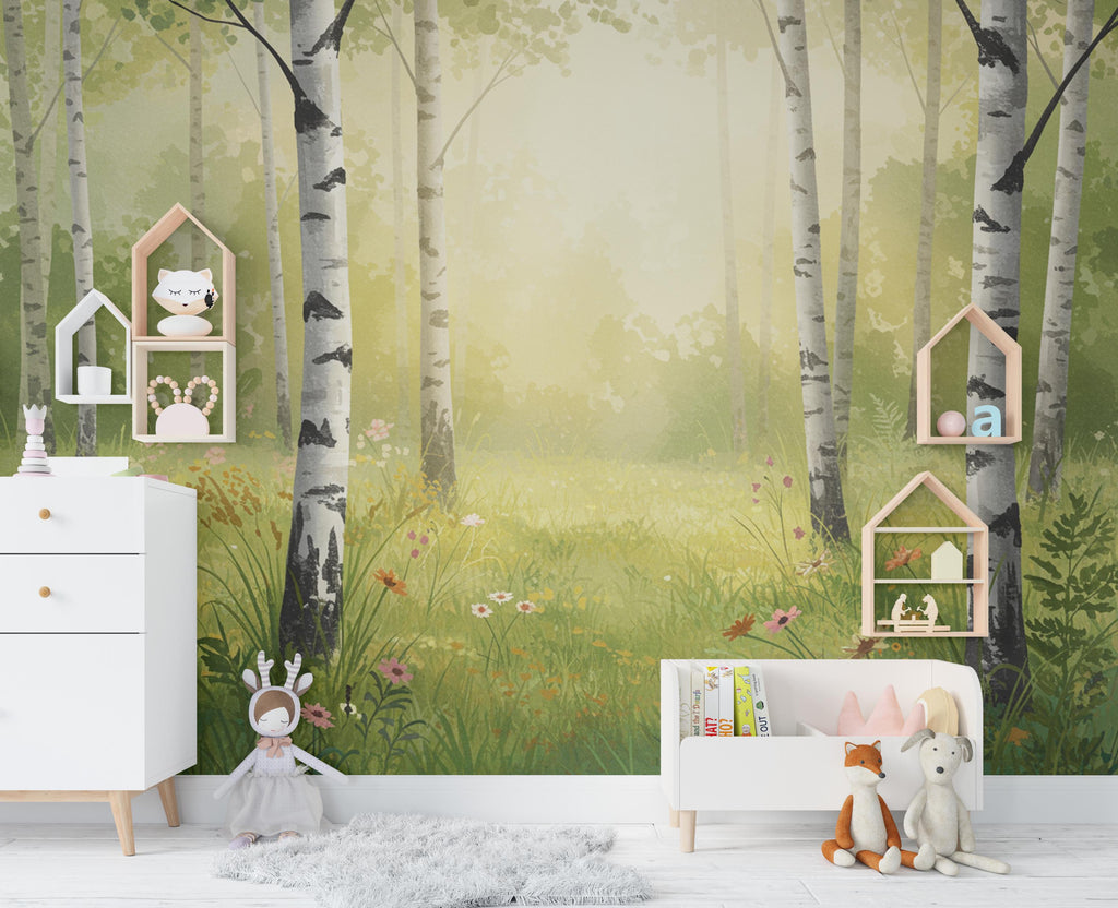 Serene Birch Grove Wallpaper Mural – Watercolor Forest Wall Art with Sunlight, Ferns & Wildflowers – Tranquil Nature Wall Decor 820RS