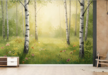 Load image into Gallery viewer, Serene Birch Grove Wallpaper Mural – Watercolor Forest Wall Art with Sunlight, Ferns &amp; Wildflowers – Tranquil Nature Wall Decor 820RS