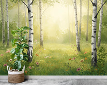 Load image into Gallery viewer, Serene Birch Grove Wallpaper Mural – Watercolor Forest Wall Art with Sunlight, Ferns &amp; Wildflowers – Tranquil Nature Wall Decor 820RS