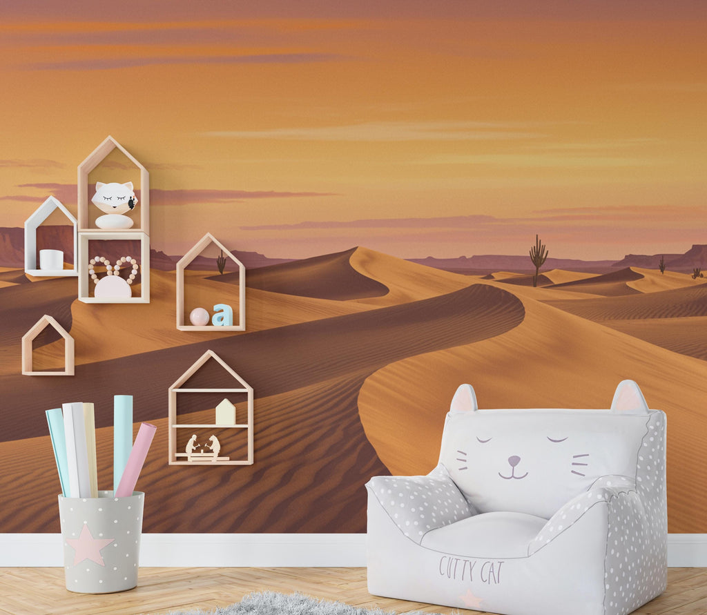 Watercolor Desert Sunset Wallpaper Mural – Elegant Warm Toned Dune Landscape with Cactus & Mesas – Terracotta Peach Wall Art Decor 821RS