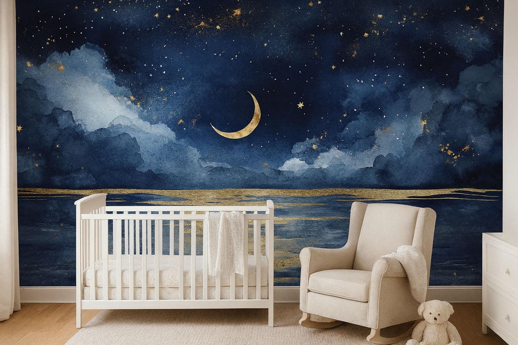 Luxury Moonlit Sky Wallpaper Mural – Crescent Moon And Stars Wall Decor For Nursery, Kids Room Or Bedroom – Modern 3D Celestial Sky