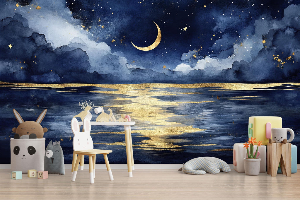 Luxury Moonlit Sky Wallpaper Mural – Crescent Moon And Stars Wall Decor For Nursery, Kids Room Or Bedroom – Modern 3D Celestial Sky