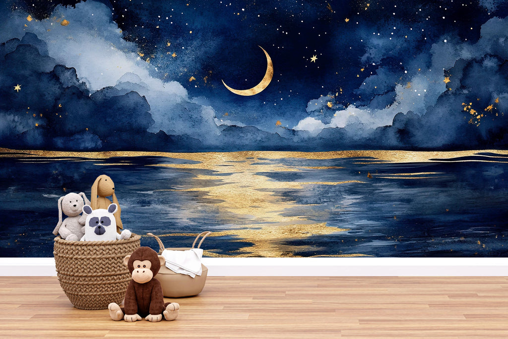 Luxury Moonlit Sky Wallpaper Mural – Crescent Moon And Stars Wall Decor For Nursery, Kids Room Or Bedroom – Modern 3D Celestial Sky