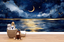Load image into Gallery viewer, Luxury Moonlit Sky Wallpaper Mural – Crescent Moon And Stars Wall Decor For Nursery, Kids Room Or Bedroom – Modern 3D Celestial Sky
