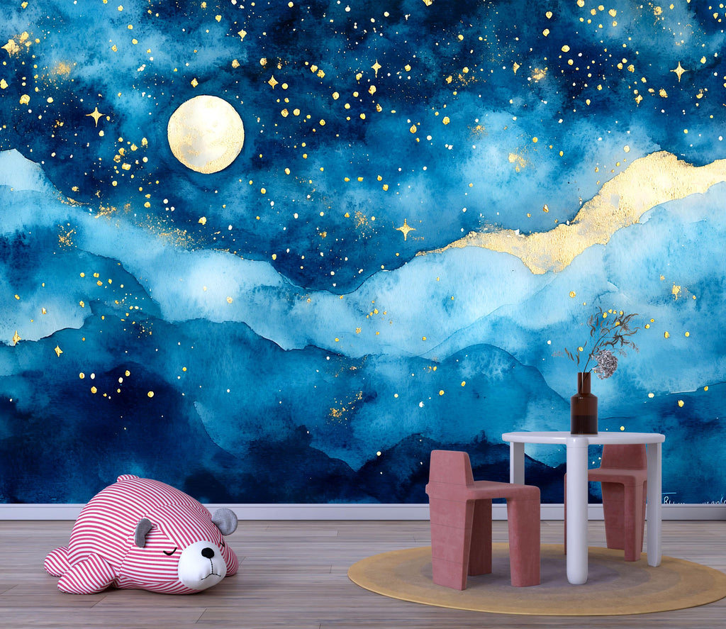 Elegant Moon And Stars Nursery Wallpaper – 3D Night Sky Wall Mural For Kids Room, Baby Crib Background, Gender Neutral Celestial