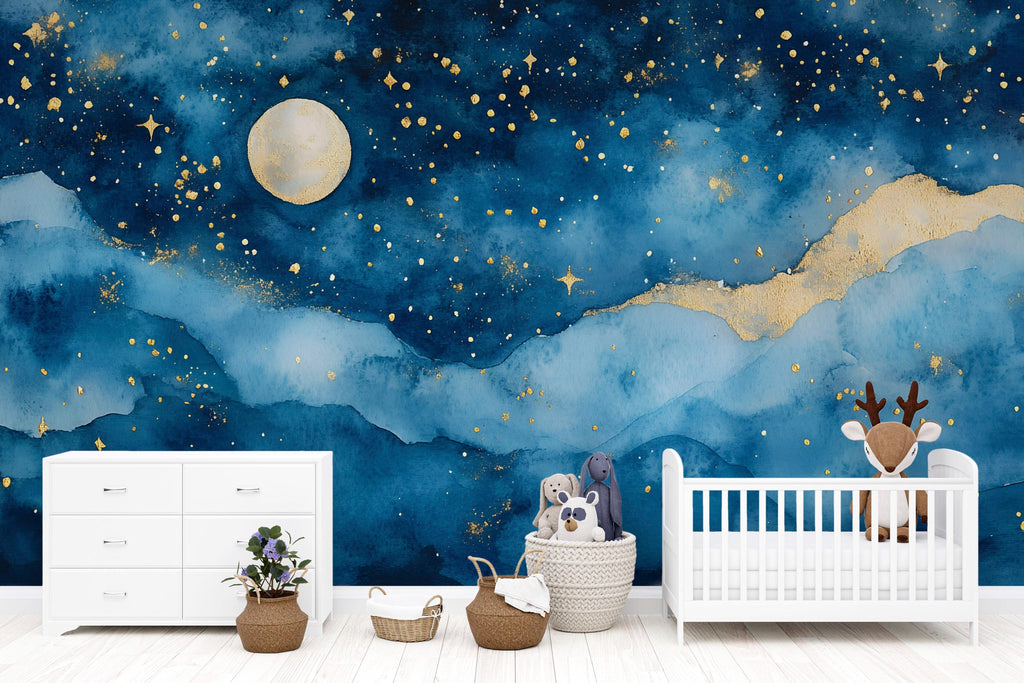 Elegant Moon And Stars Nursery Wallpaper – 3D Night Sky Wall Mural For Kids Room, Baby Crib Background, Gender Neutral Celestial